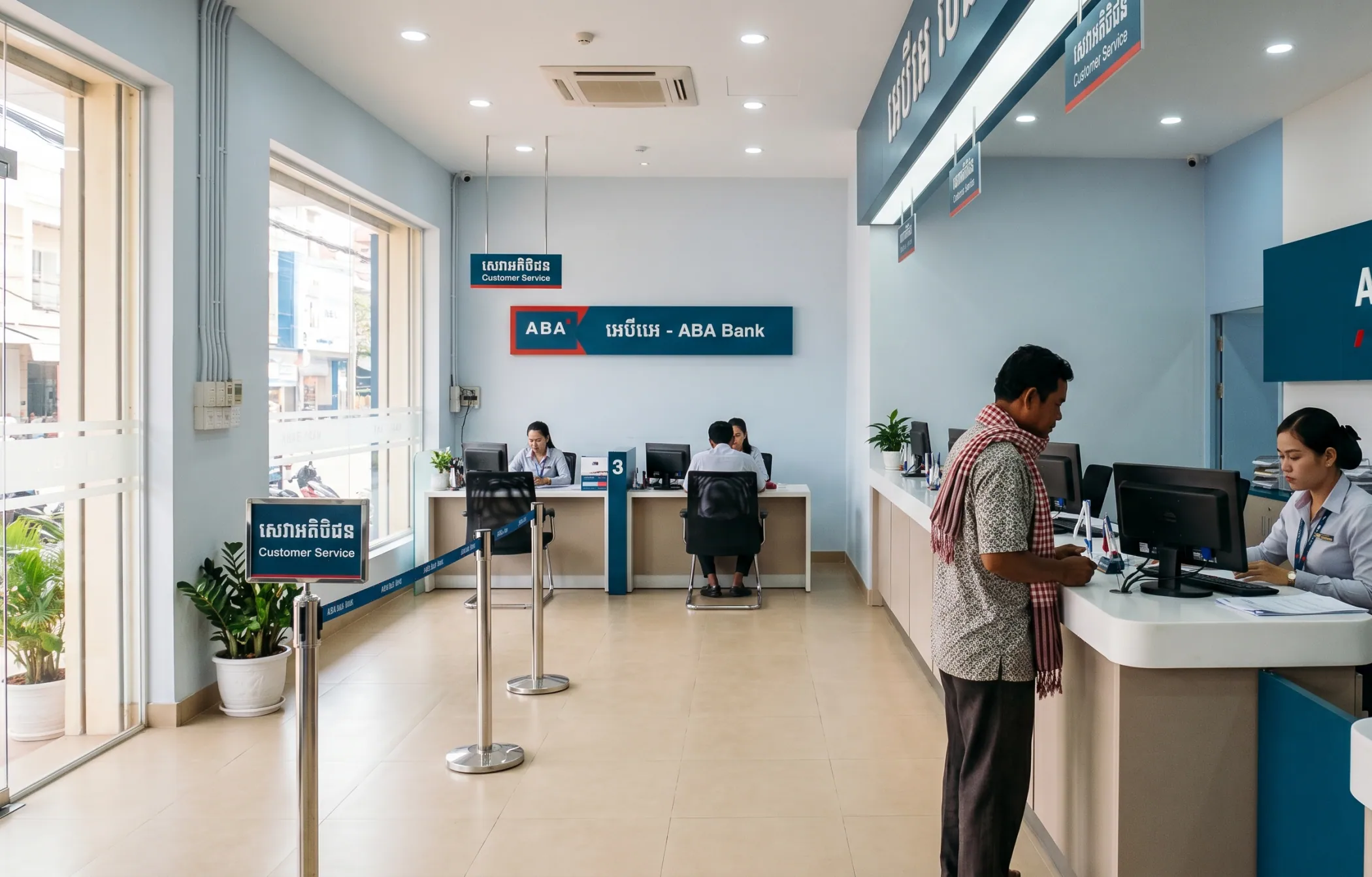 An ABA Bank branch interior in Cambodia - a clean functional banking hall with teller counters and a customer being assisted