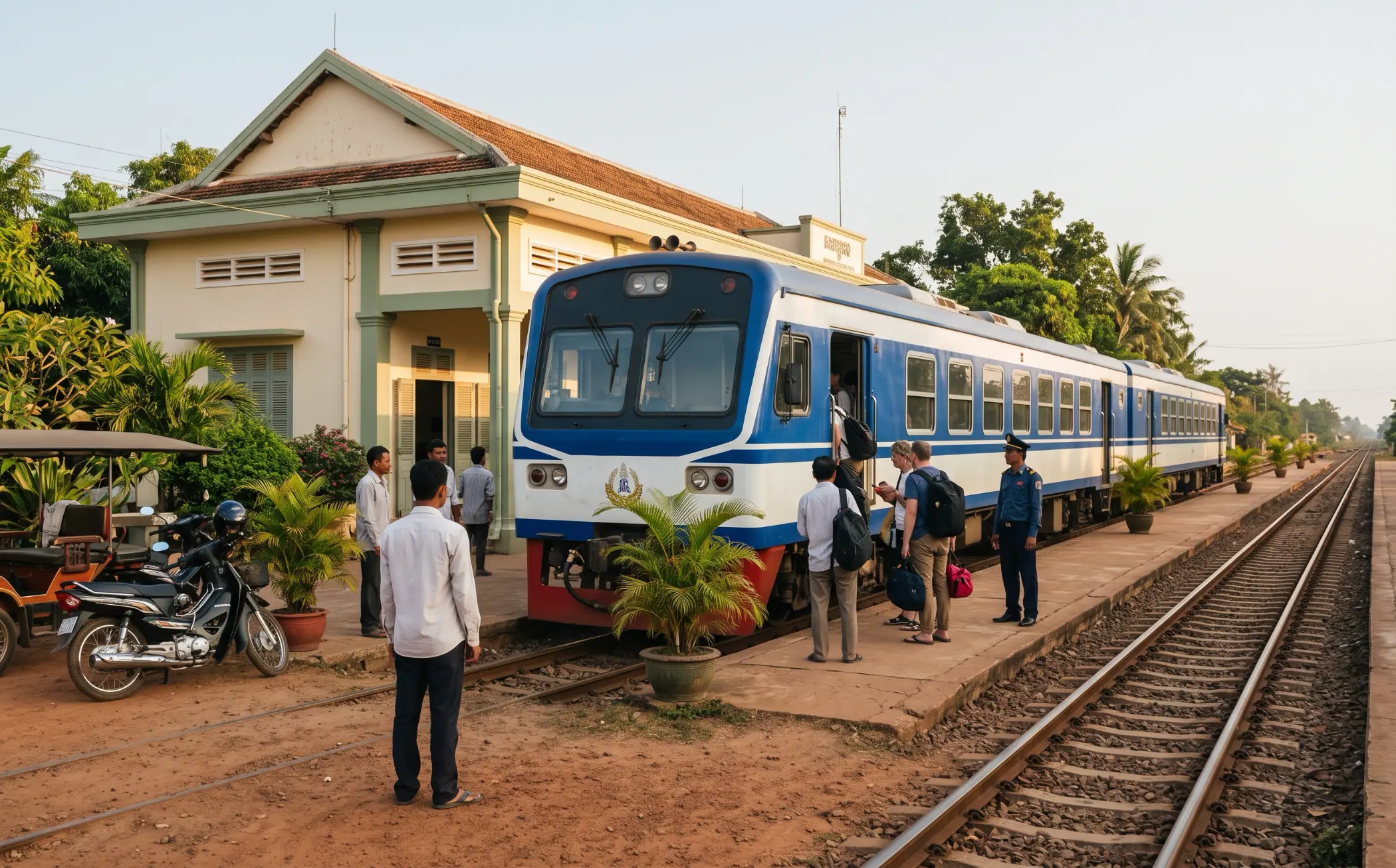 The morning Royal Railway train at Kampot station, passengers boarding with their bags, the cream and sage colonial station building behind, a tuk-tuk and scooter waiting in the forecourt
