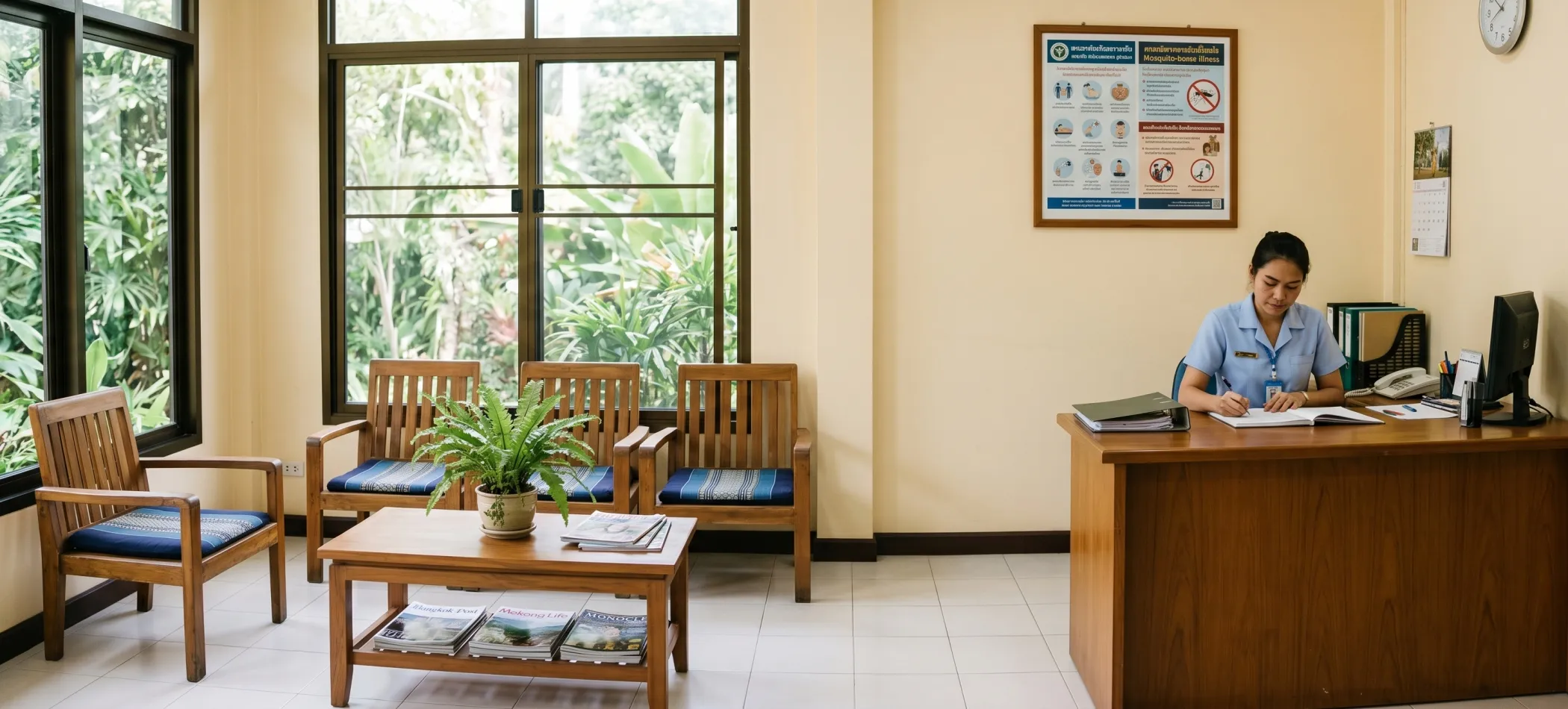 A small private clinic waiting area in Cambodia - wooden chairs, tropical garden through the window, receptionist at desk