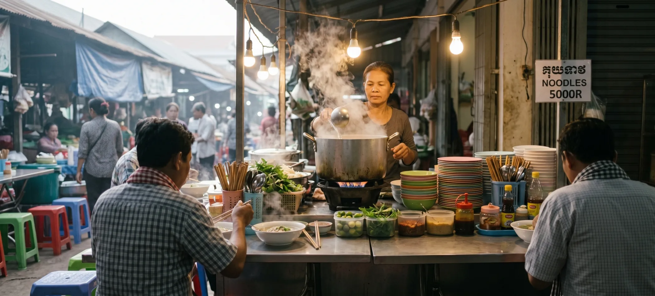 A Cambodian market noodle stall at 6:30am - a vendor ladling broth into bowls, steam rising in the early morning light