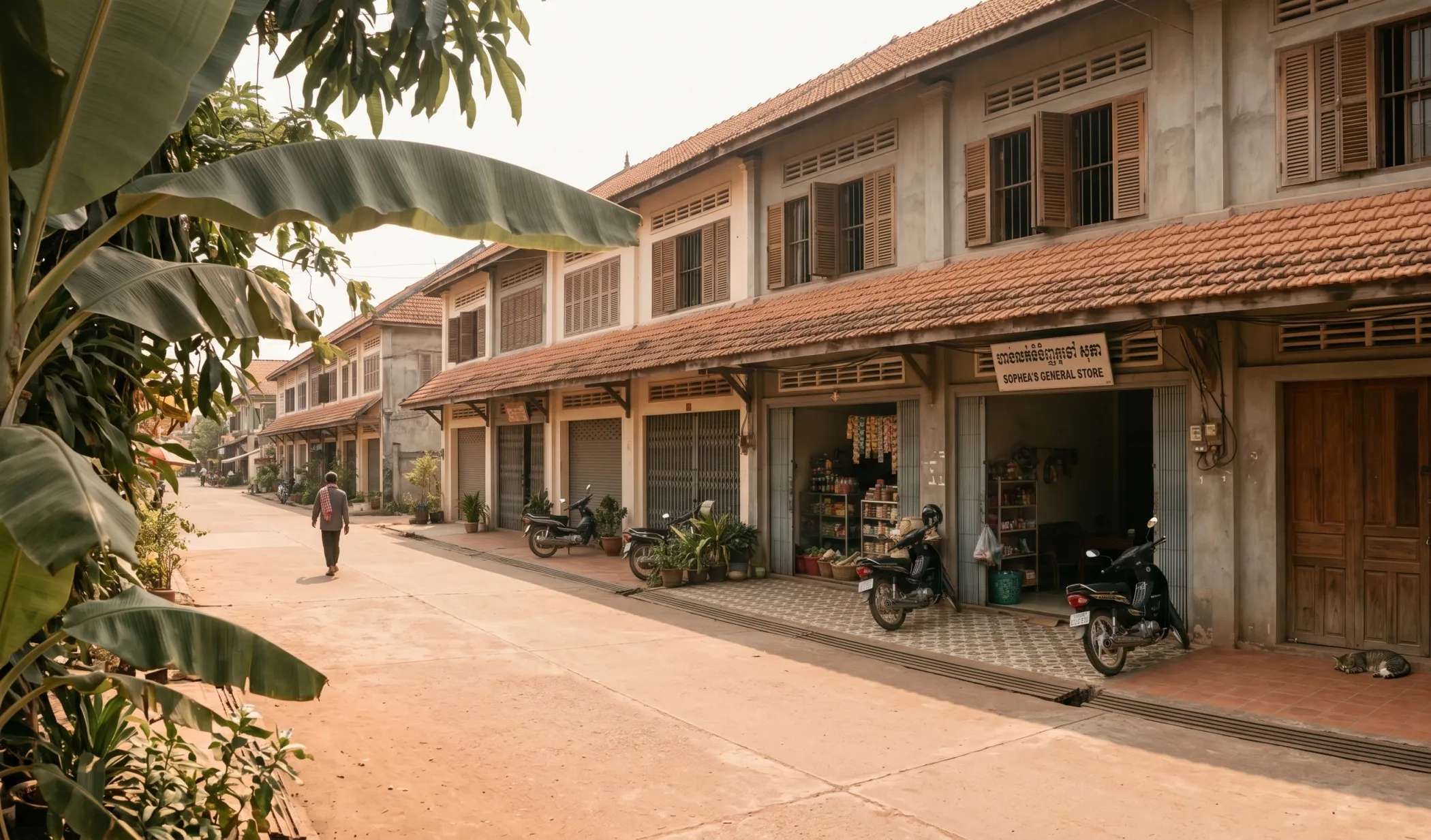 A quiet Kampot street at midday - occupied shophouses, a cat in the shade, one person walking in the distance