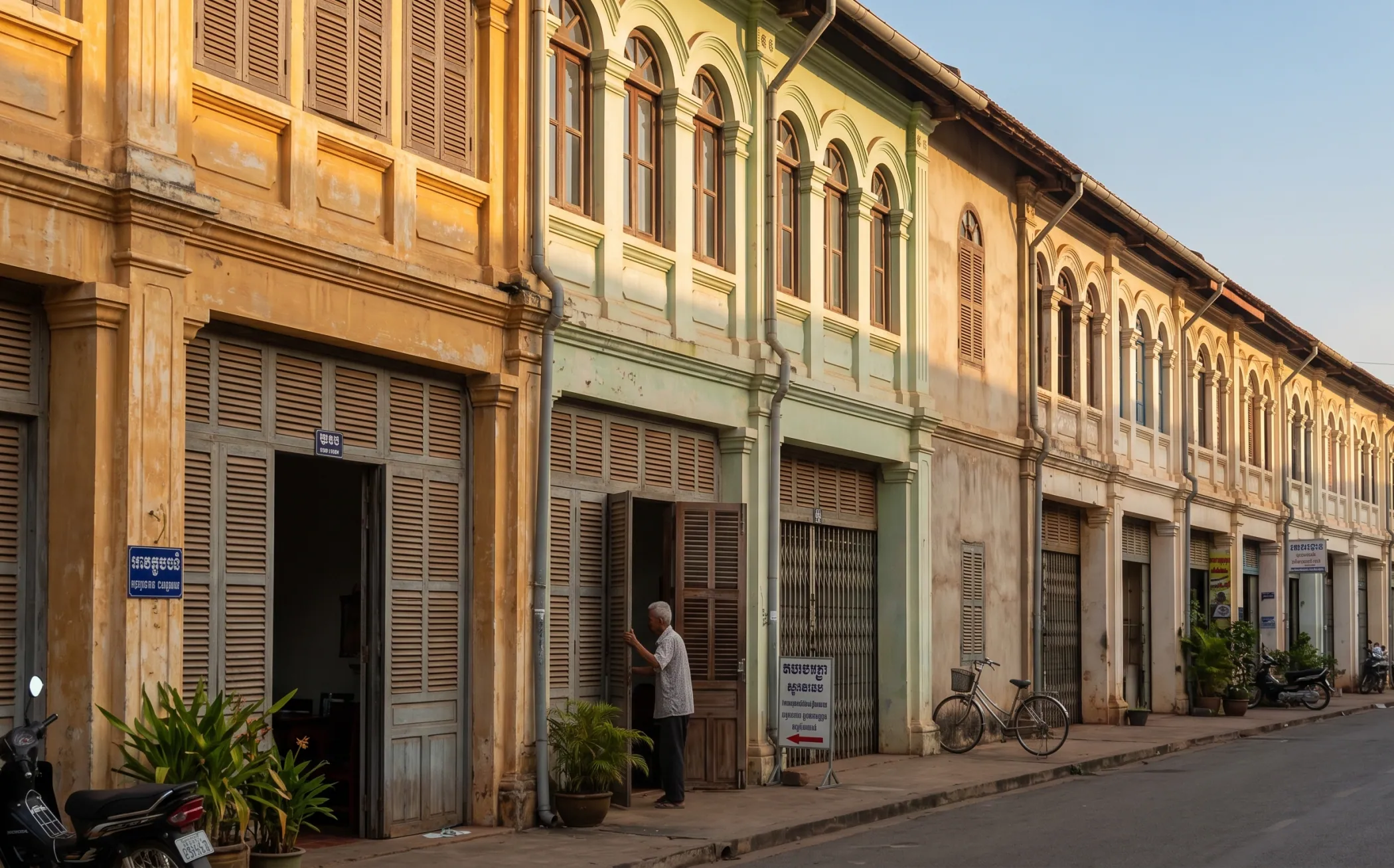 Kampot's old quarter at 7am - a row of French colonial shophouses in ochre and pale green, warm raking light on the facades, a single figure in the distance