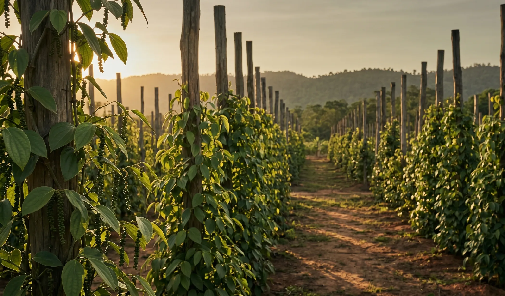 A Kampot pepper farm at golden hour - rows of wooden support poles with green vines, warm raking light across the field