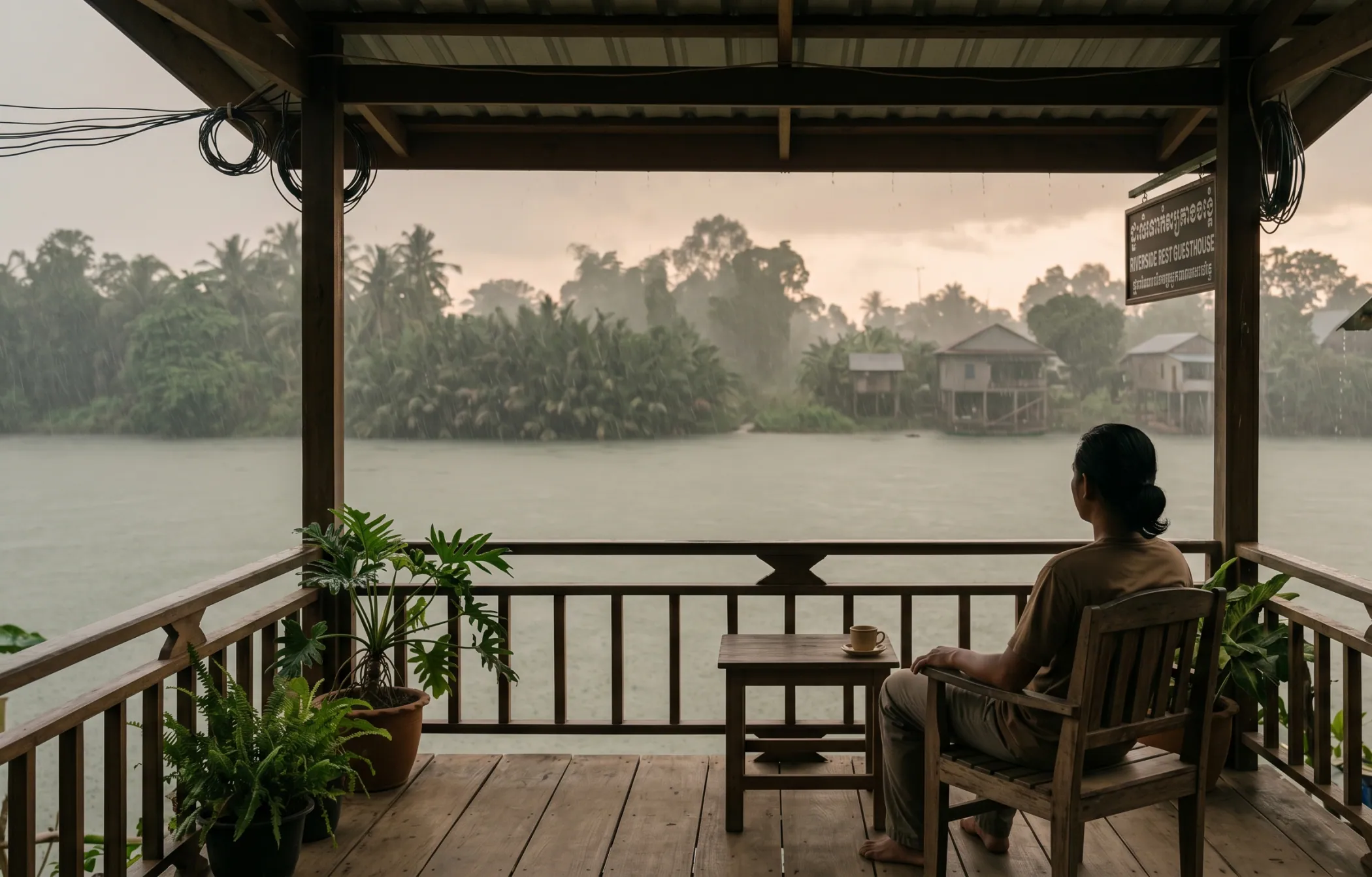 The Praek Tuek Chhu river in Kampot during heavy tropical rain, a person watching from a covered terrace, back to camera