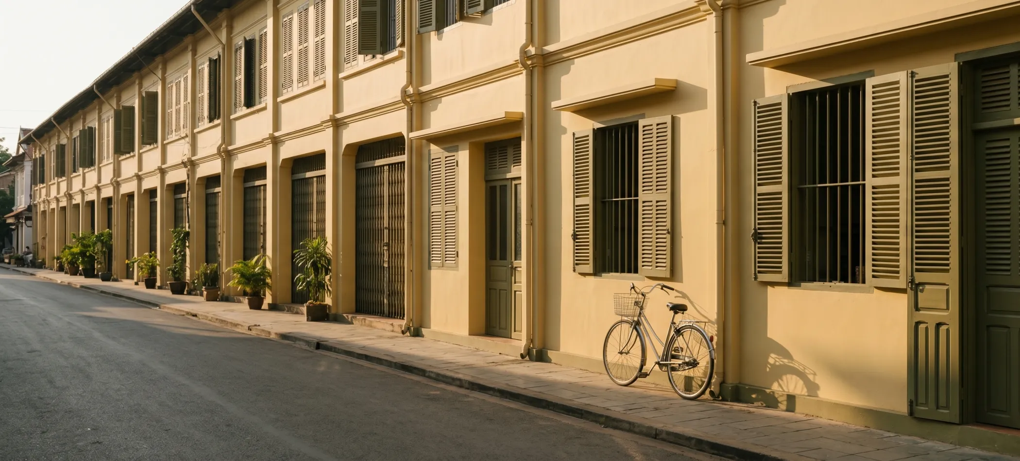 A French colonial shophouse street in Kampot at 7am, warm light raking across ochre facades