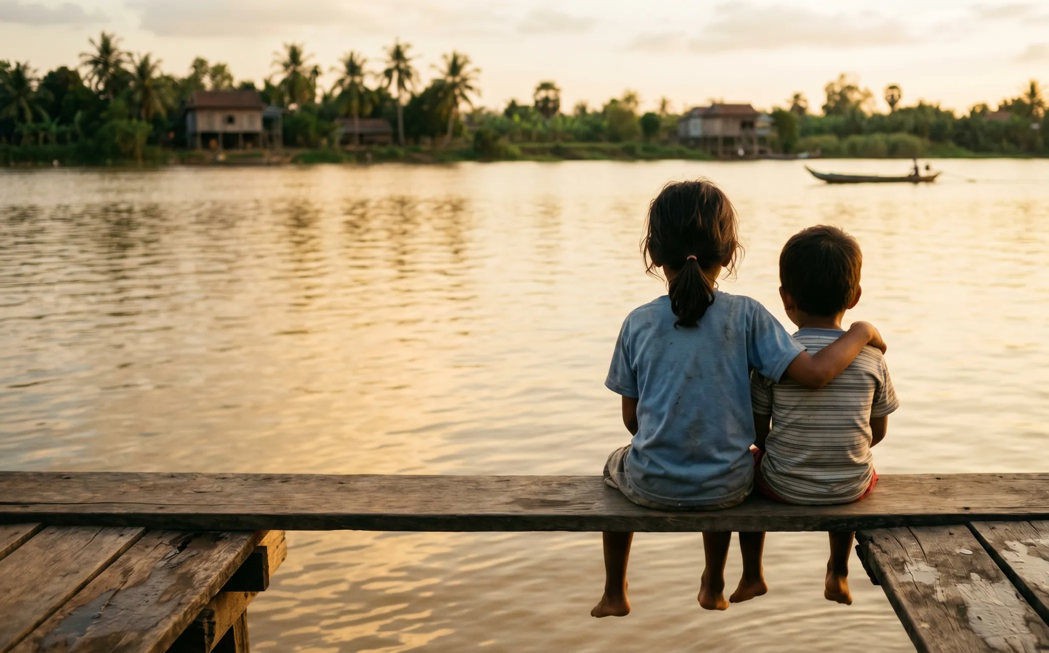 Two children sitting on a dock watching the Praek Tuek Chhu river, backs to camera, late afternoon light on the water