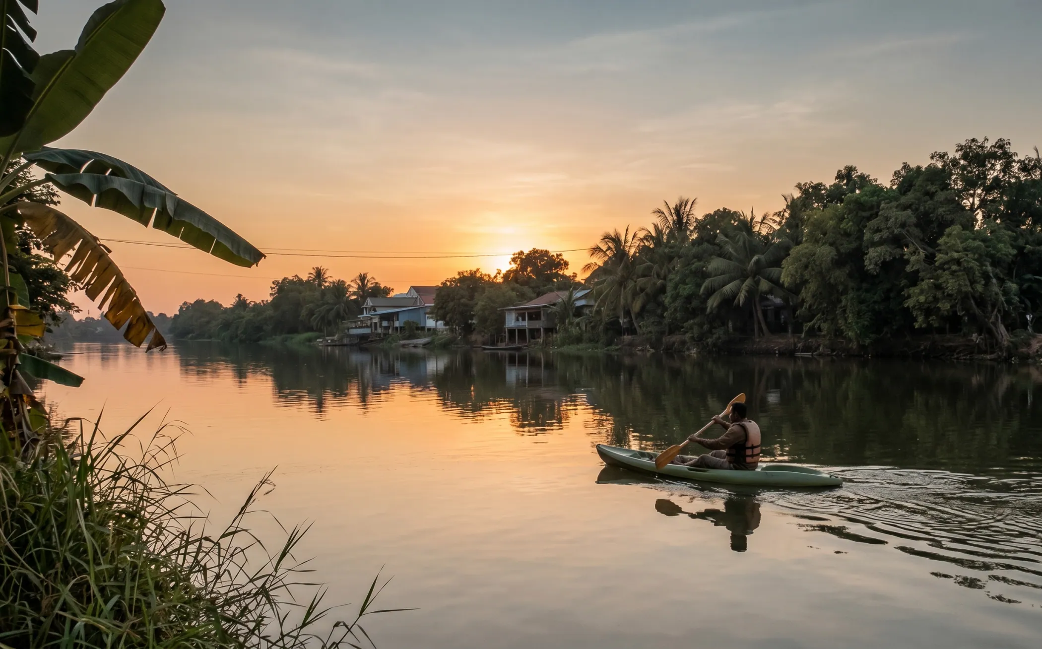 A kayaker on the Praek Tuek Chhu river in Kampot, late afternoon, the river wide and still with golden light on the water