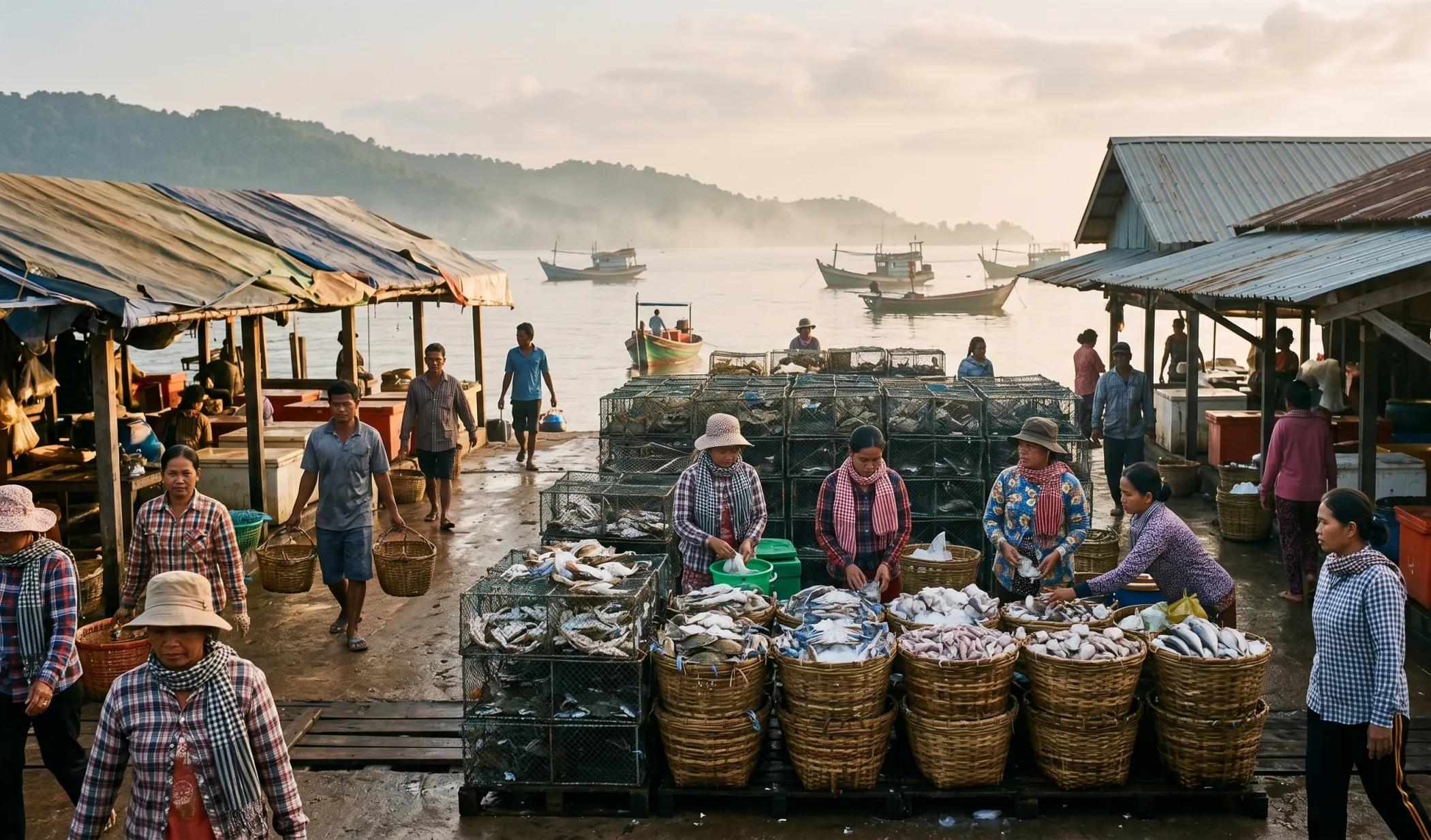 The Kep crab market at 7am - vendors behind stacked crab traps, soft morning light and slight haze off the water
