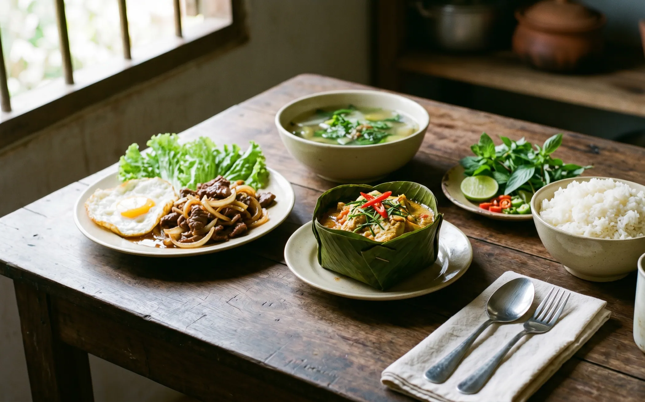 A spread of Cambodian dishes on a wooden table - fish amok in banana leaf, lok lak, jasmine rice and fresh herbs, natural light from one side