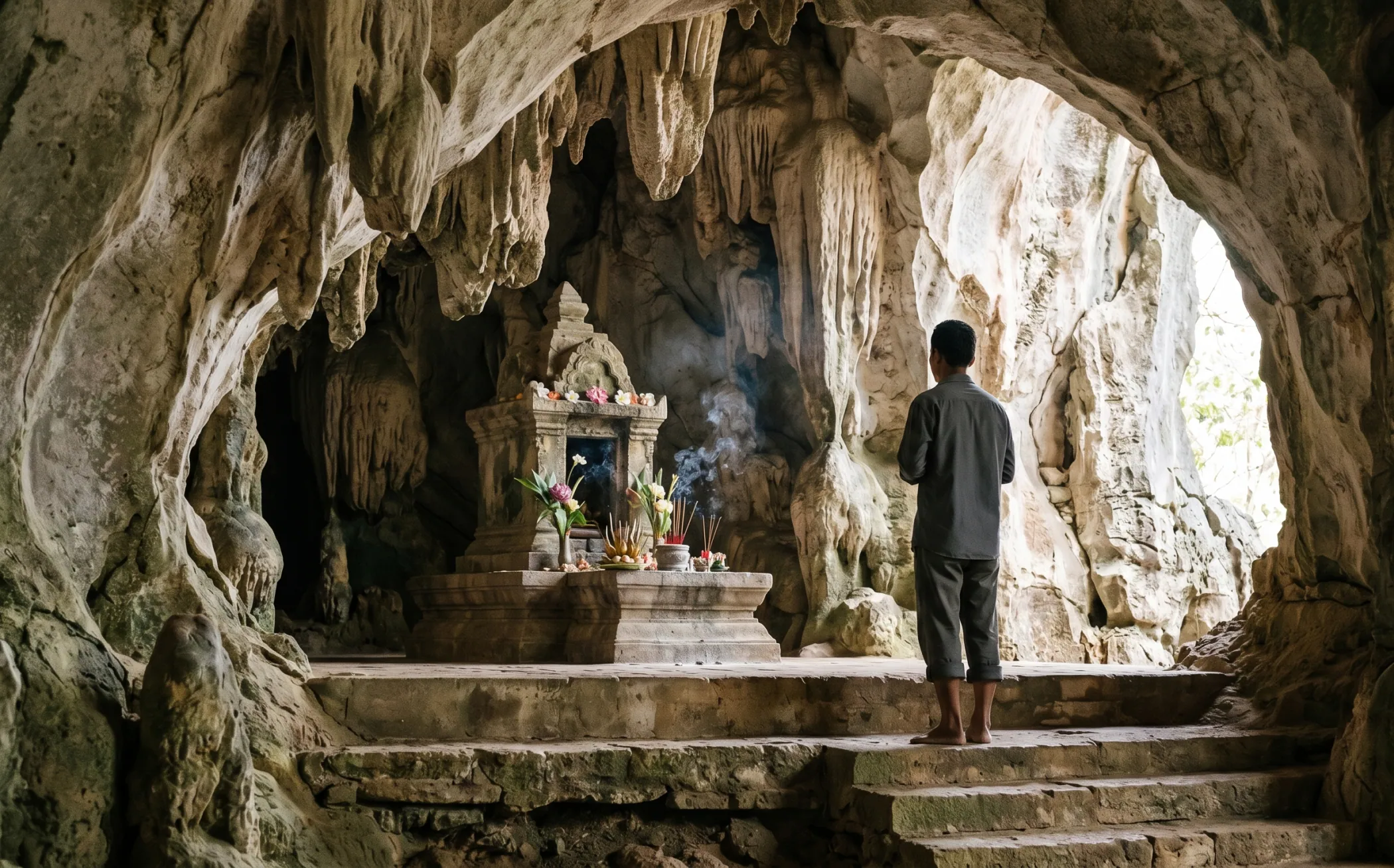 The entrance to Phnom Chhngok cave temple, morning light flooding into the limestone cave, a small Hindu shrine and incense smoke visible inside