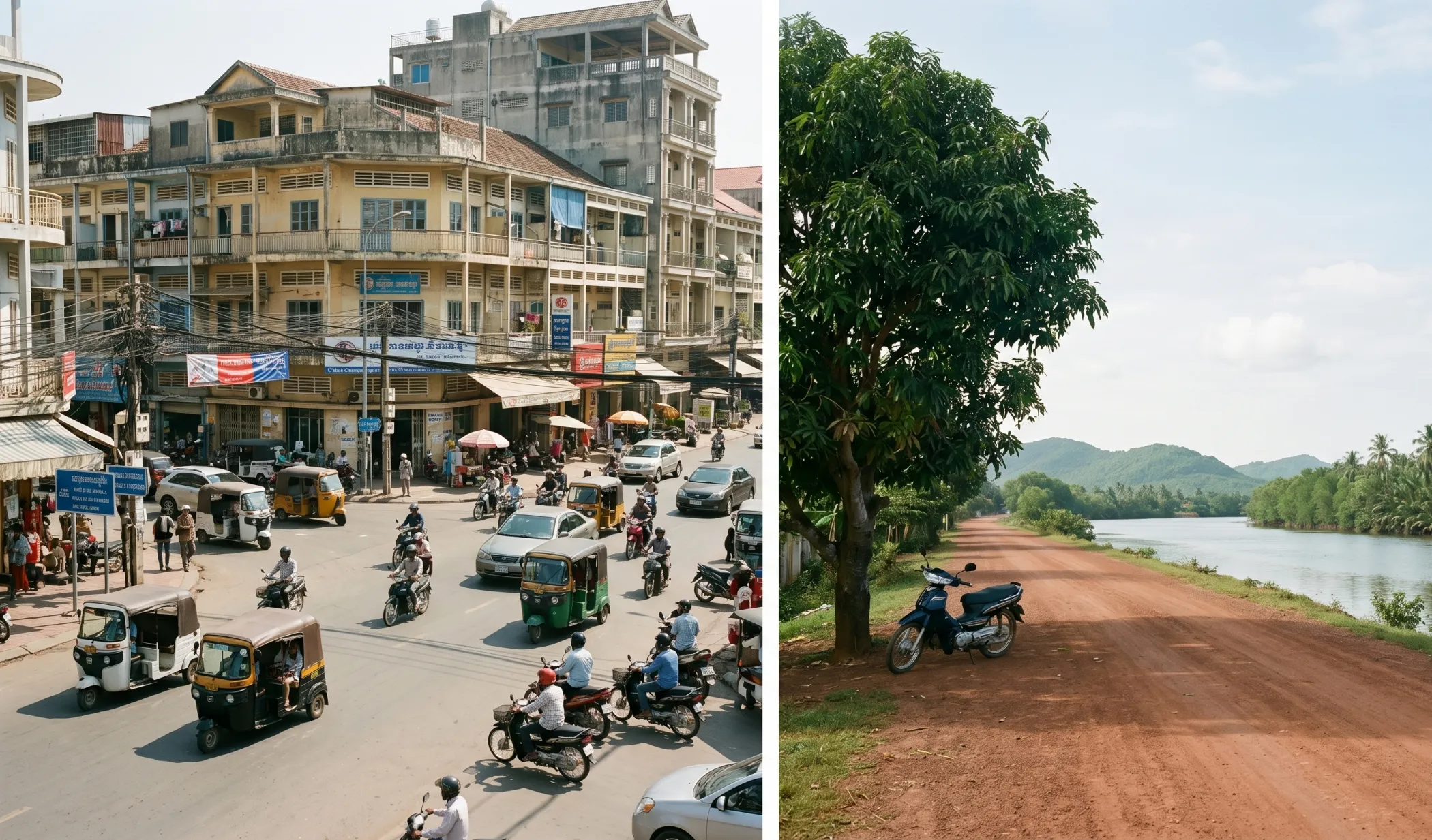 A split frame: a busy Phnom Penh intersection on the left, a quiet Kampot riverside road on the right