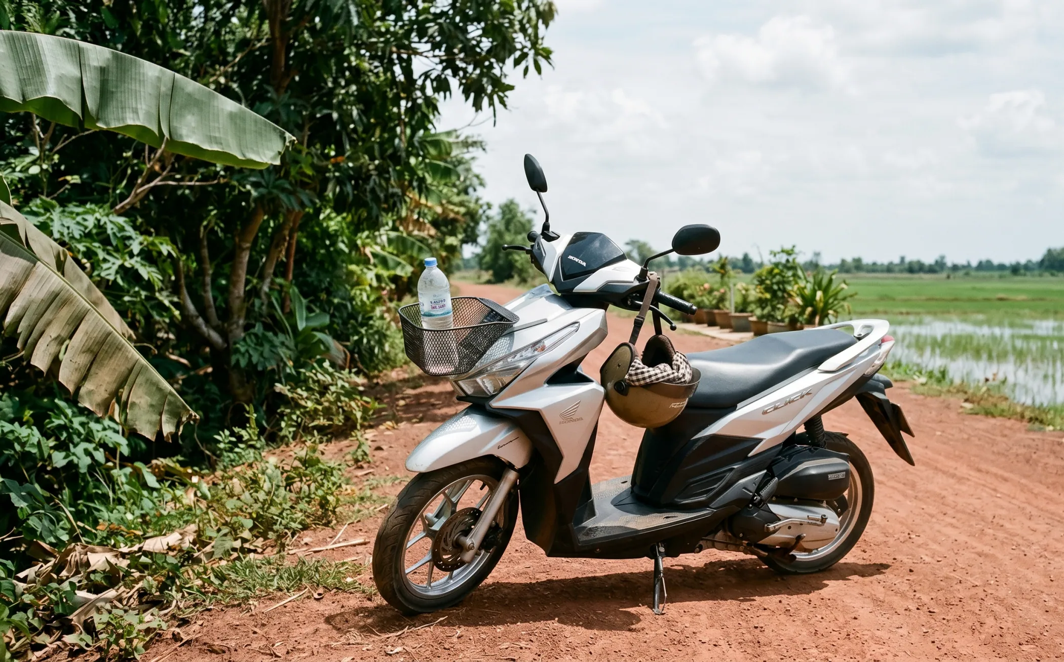 A Honda Click scooter parked on a red-dirt road in southern Cambodia, jungle on one side, rice field on the other