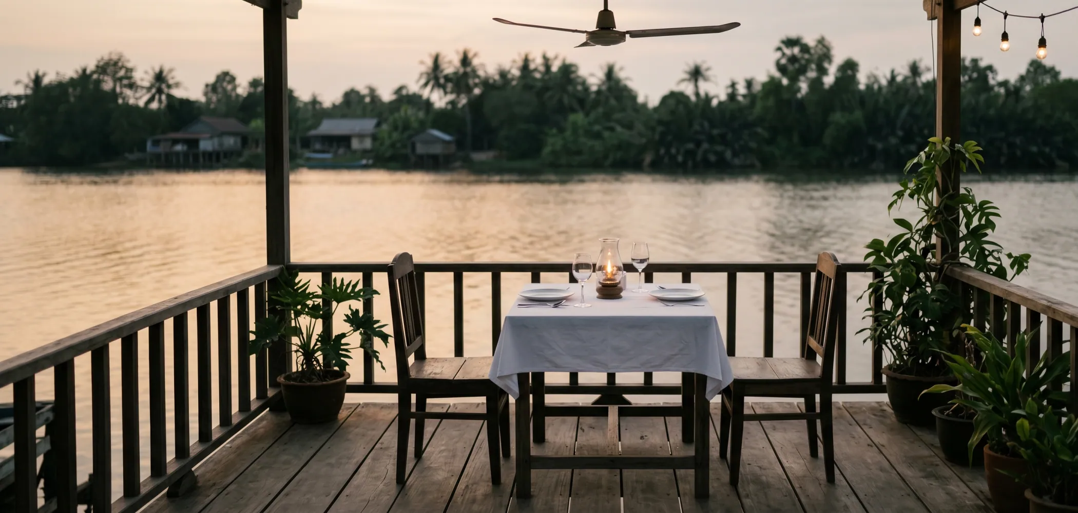 A restaurant table set for dinner on a terrace overlooking the Praek Tuek Chhu river at dusk, candles lit, the river catching the last evening light