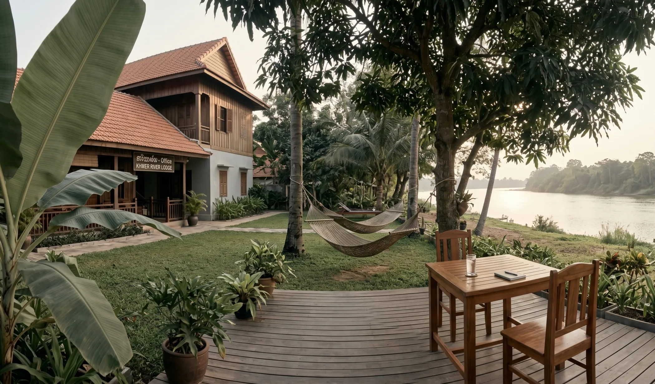 A riverside guesthouse garden in Kampot - hammocks between trees, the Praek Tuek Chhu river visible through the foliage at late afternoon