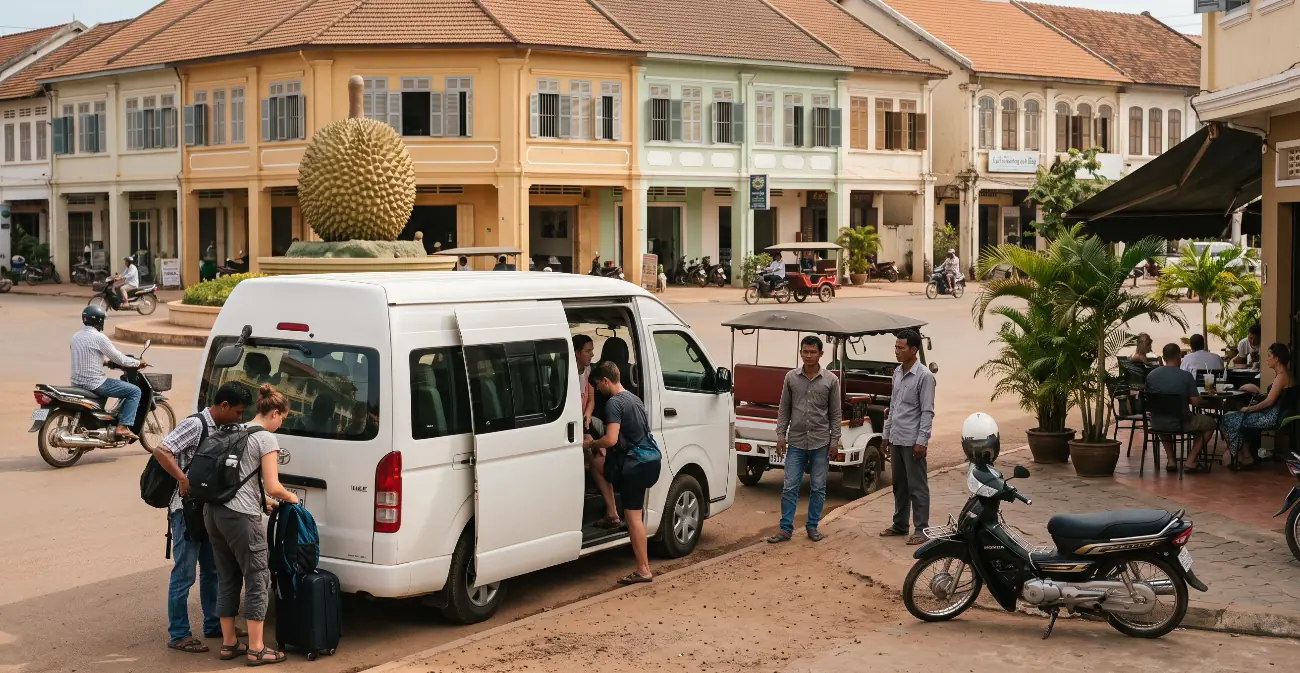 A white minibus unloading passengers and backpacks beside the Durian roundabout in Kampot, tuk-tuk drivers waiting, shophouses and a café behind