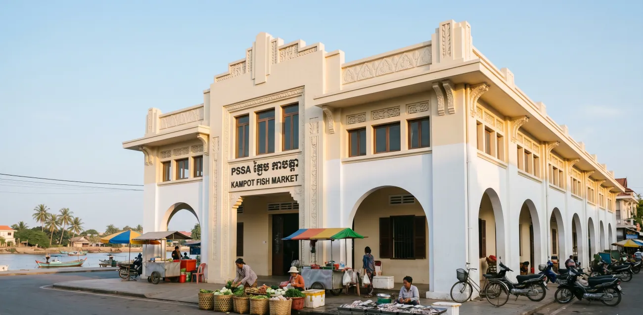 The Kampot fish market building - a 1930s Art Deco structure on the riverfront, vendors setting up outside, morning light on the facade