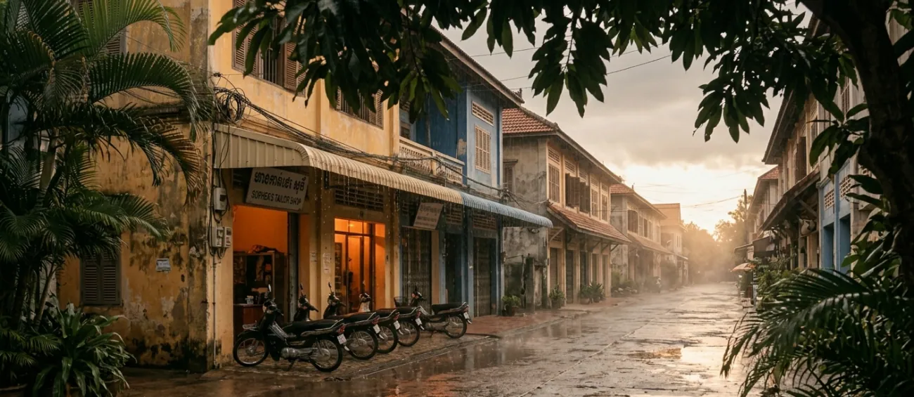 A Cambodian town street after a tropical downpour, wet road reflecting shophouse lights in the puddles, steam rising from warm tarmac