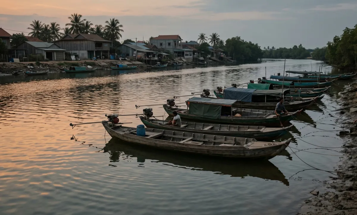 Kampot riverfront at dusk, longtail boats moored, water reflecting orange-grey sky