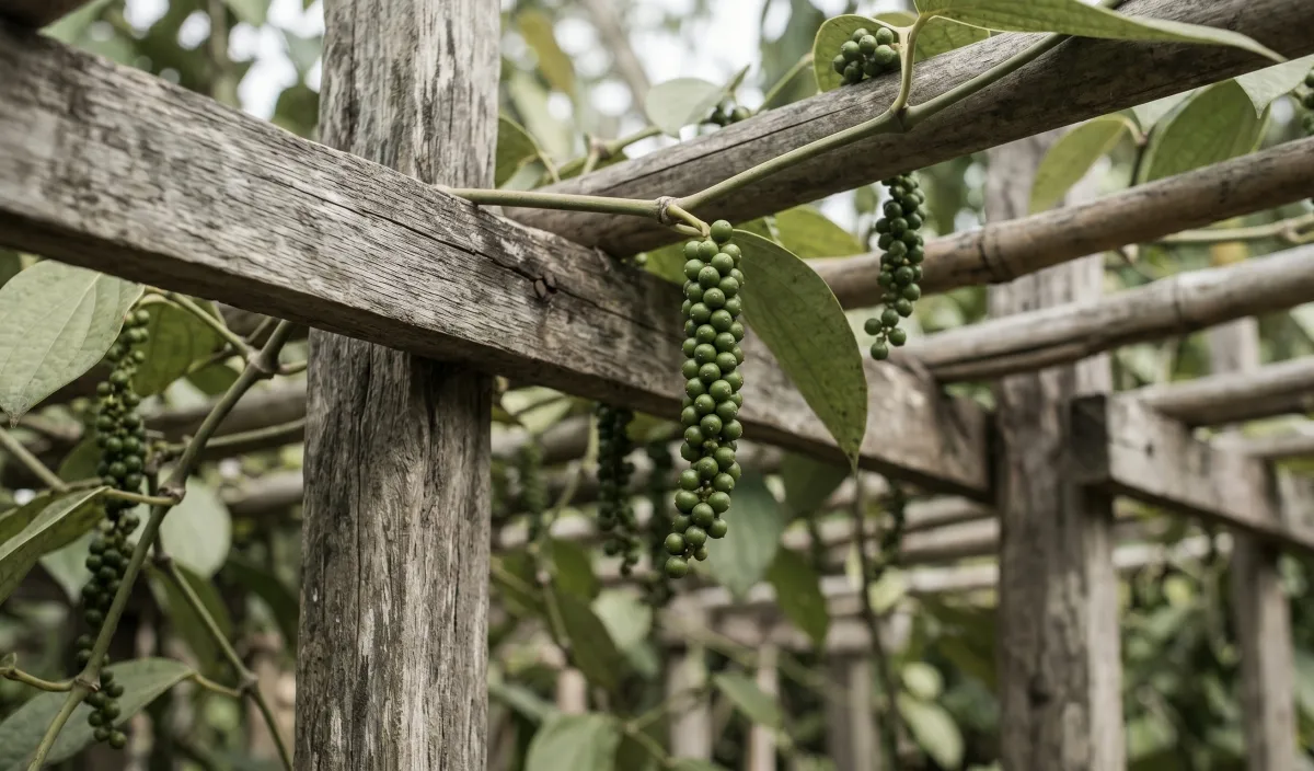 Green peppercorns on a vine at a Kampot pepper farm