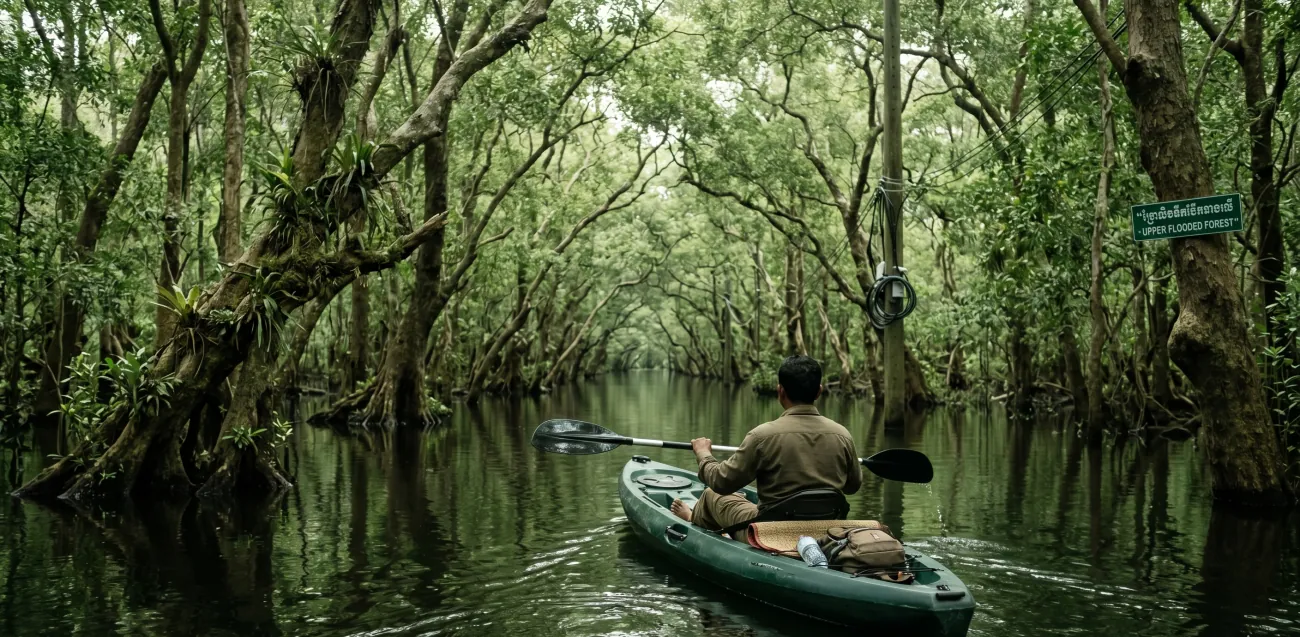 The Green Cathedral - a flooded forest on the Kampot river, a kayak moving through a narrow channel with trees growing from the water, canopy overhead