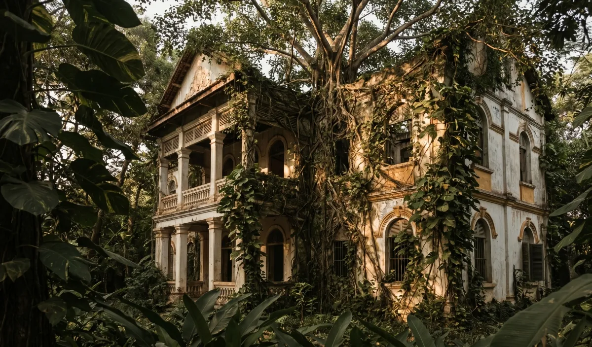 A French colonial villa in Kep, partially reclaimed by tropical vegetation, warm afternoon light