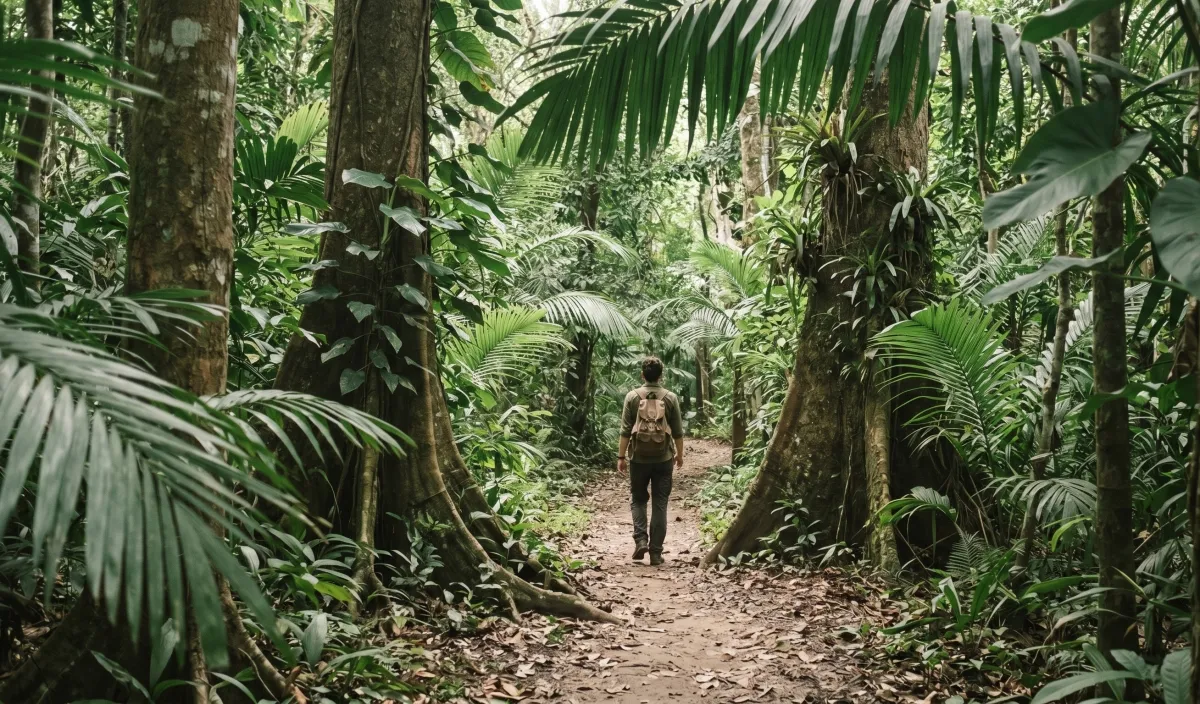 A jungle trail in Kep National Park, dappled light through canopy, a walker in the distance