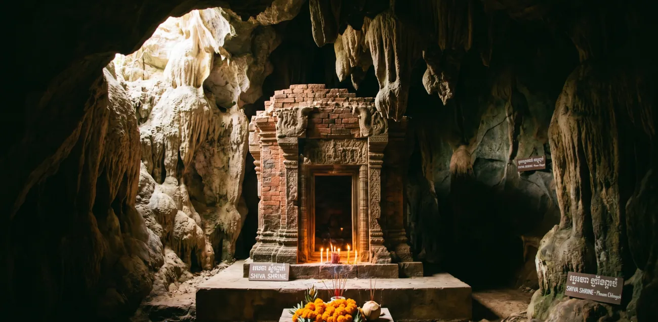 Inside Phnom Chhngok cave - a stone Shiva shrine lit by natural light and incense, stalactites above, orange marigold offerings at the base