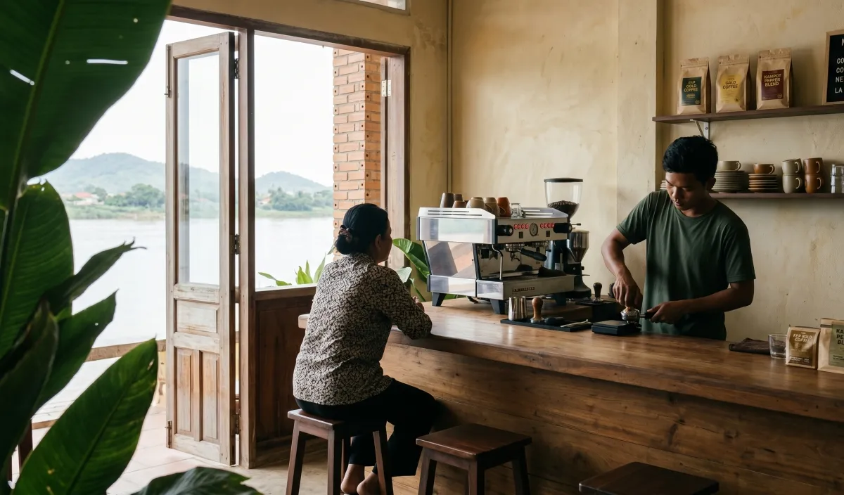 A small independent coffee bar in Kampot - espresso machine, barista at work, morning light
