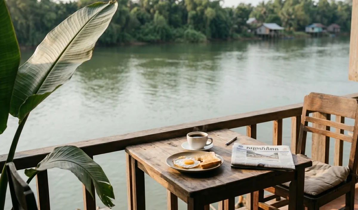 A café table beside the Kampot river, morning - coffee, toast, a paperback, river in soft focus behind
