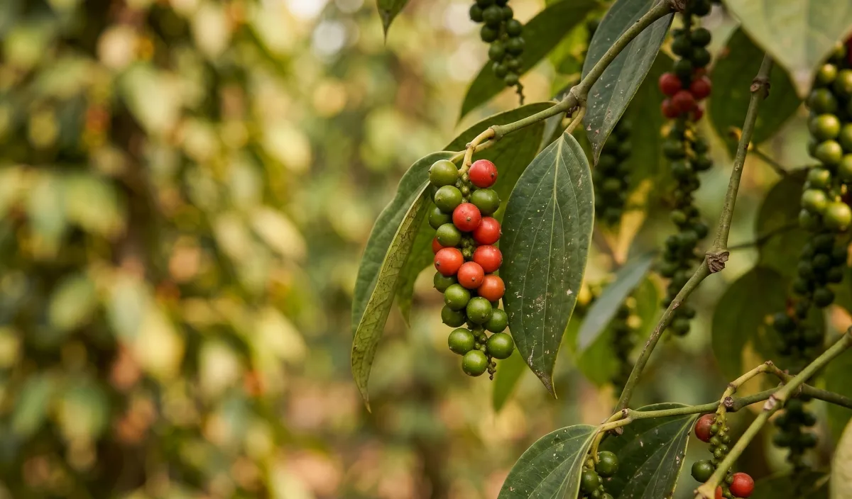 Close-up of a pepper vine with clusters of green and red peppercorns