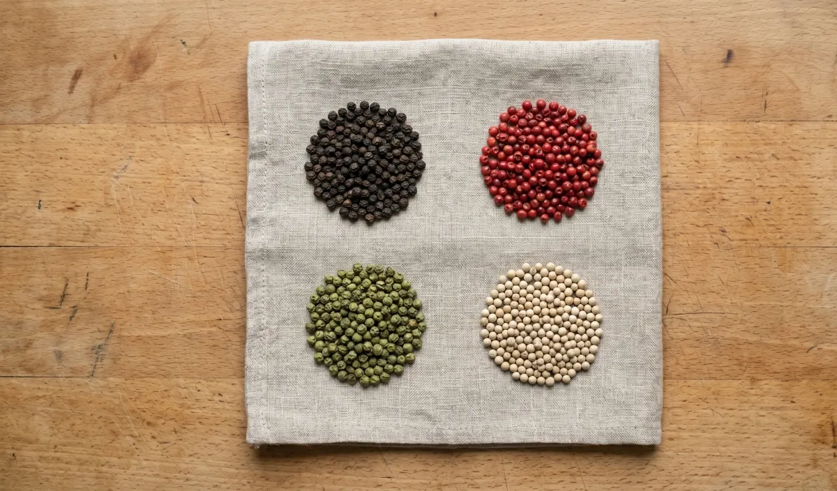 Four piles of peppercorns on a wooden surface - black, red, white and green varieties