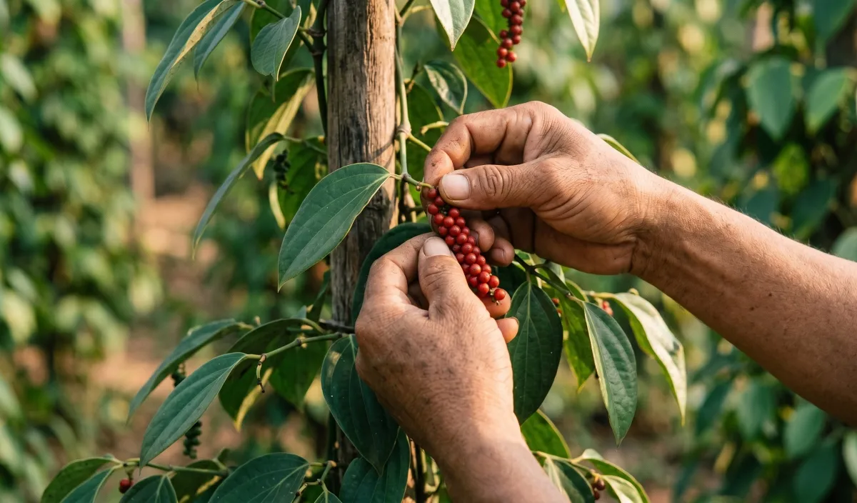 Weathered hands harvesting red peppercorns from a vine