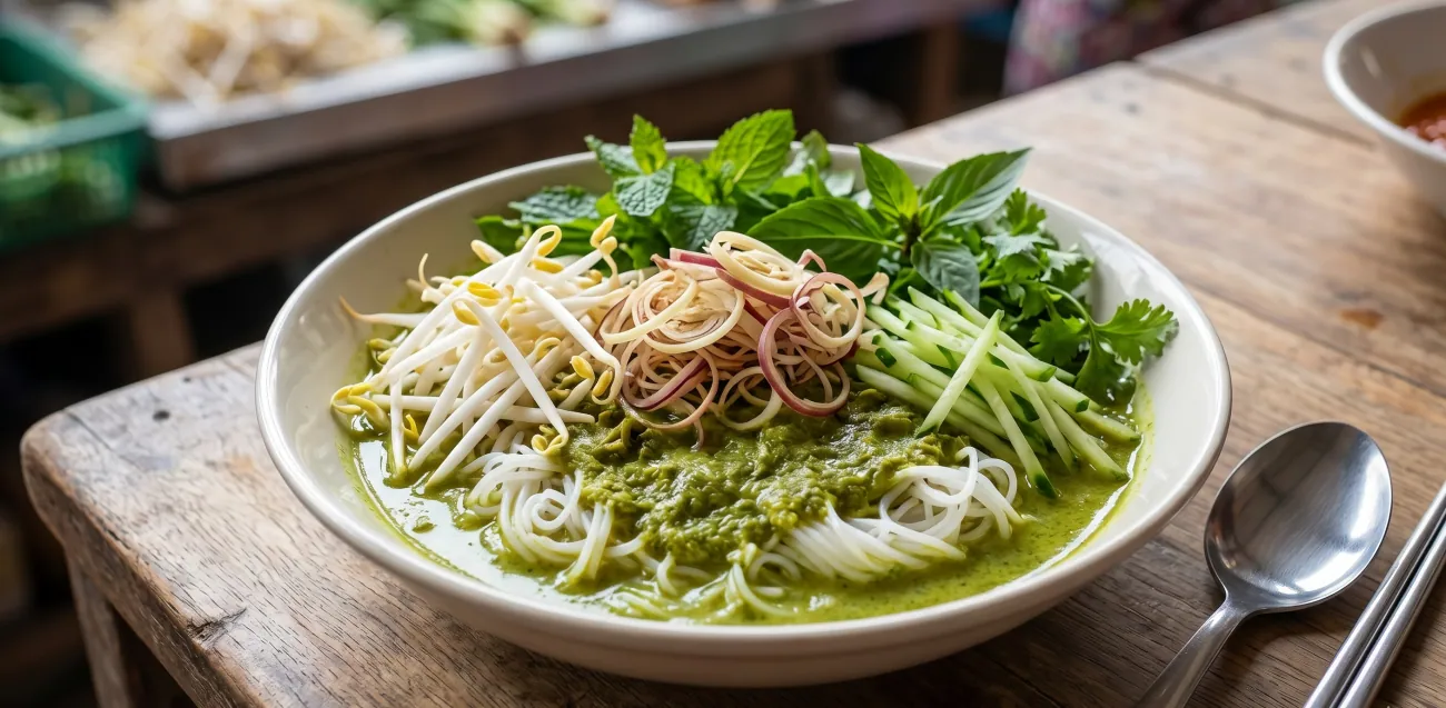 Nom banh chok - Cambodian breakfast rice noodles in green fish sauce curry, topped with bean sprouts, banana blossom and fresh herbs, in a wide bowl on a market counter