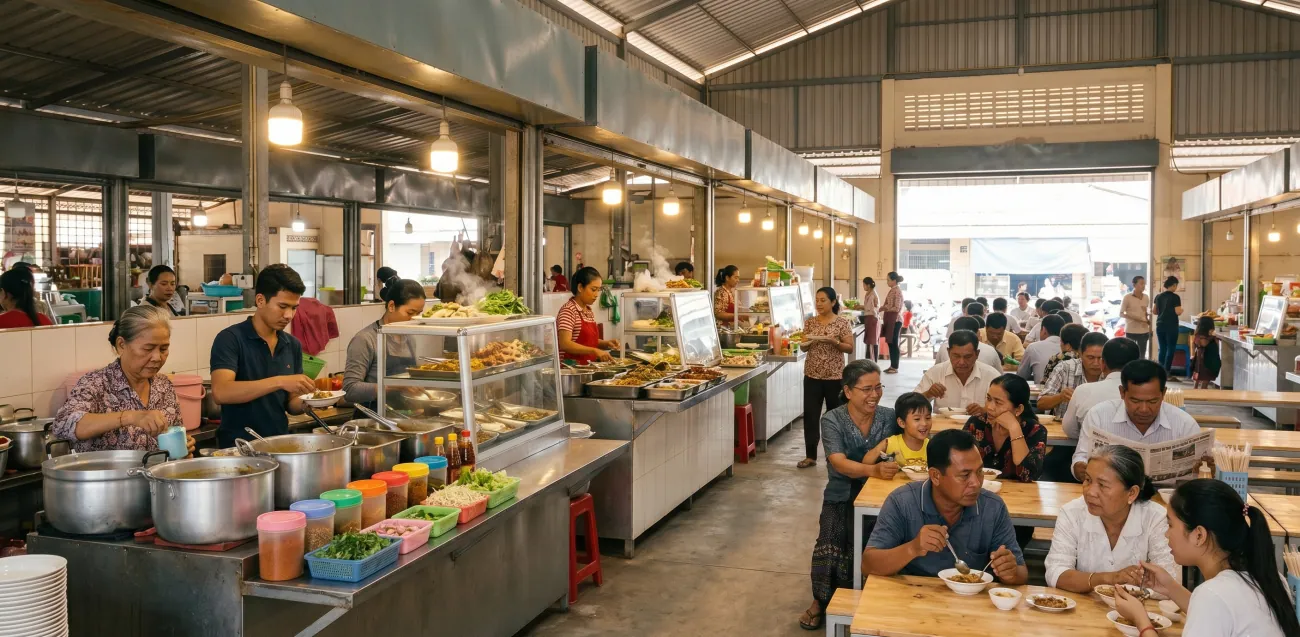 A Cambodian covered market food hall mid-morning, vendors behind counters with large pots, customers at simple tables, warm light from open sides