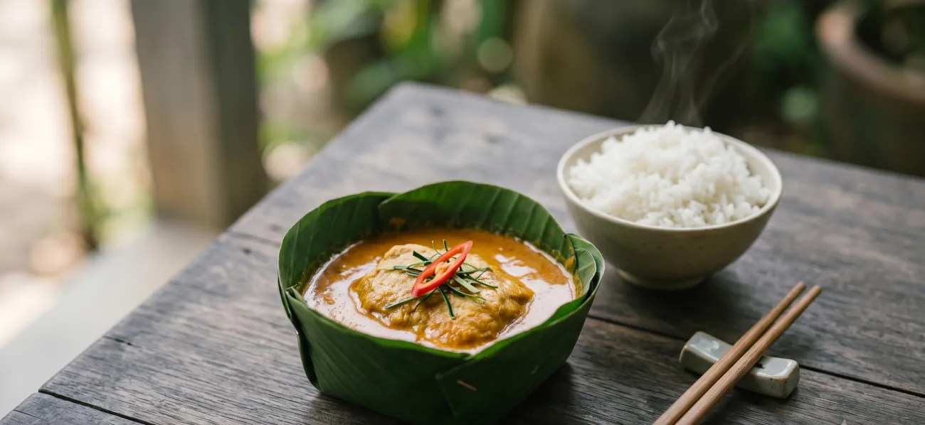 Fish amok in a banana leaf bowl on a dark wooden table, rich amber curry topped with kaffir lime leaves and sliced chilli