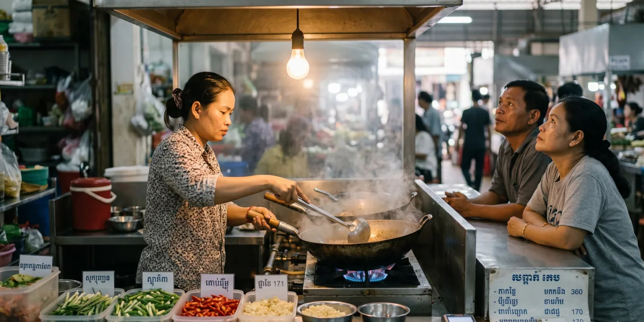 A busy Cambodian market kitchen counter at lunchtime, a cook working two woks over gas flames