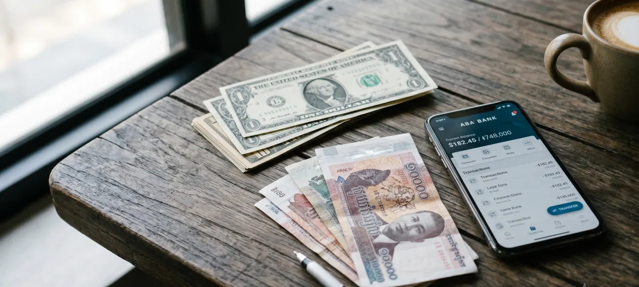 US dollar bills and Cambodian riel notes on a wooden café table alongside a smartphone showing a banking app
