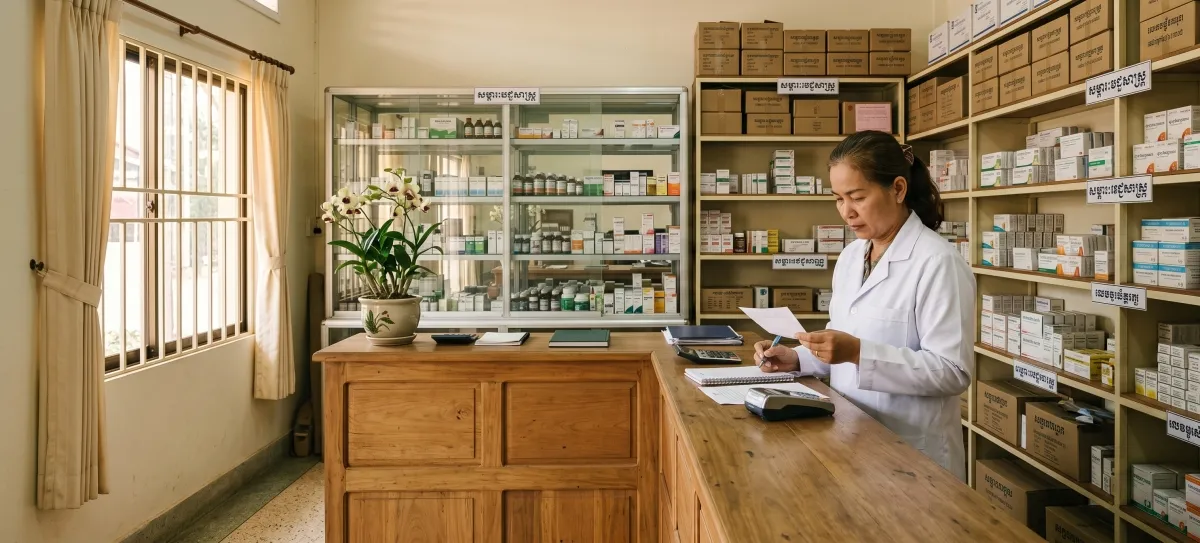 A Cambodian pharmacy counter with a pharmacist reviewing a prescription