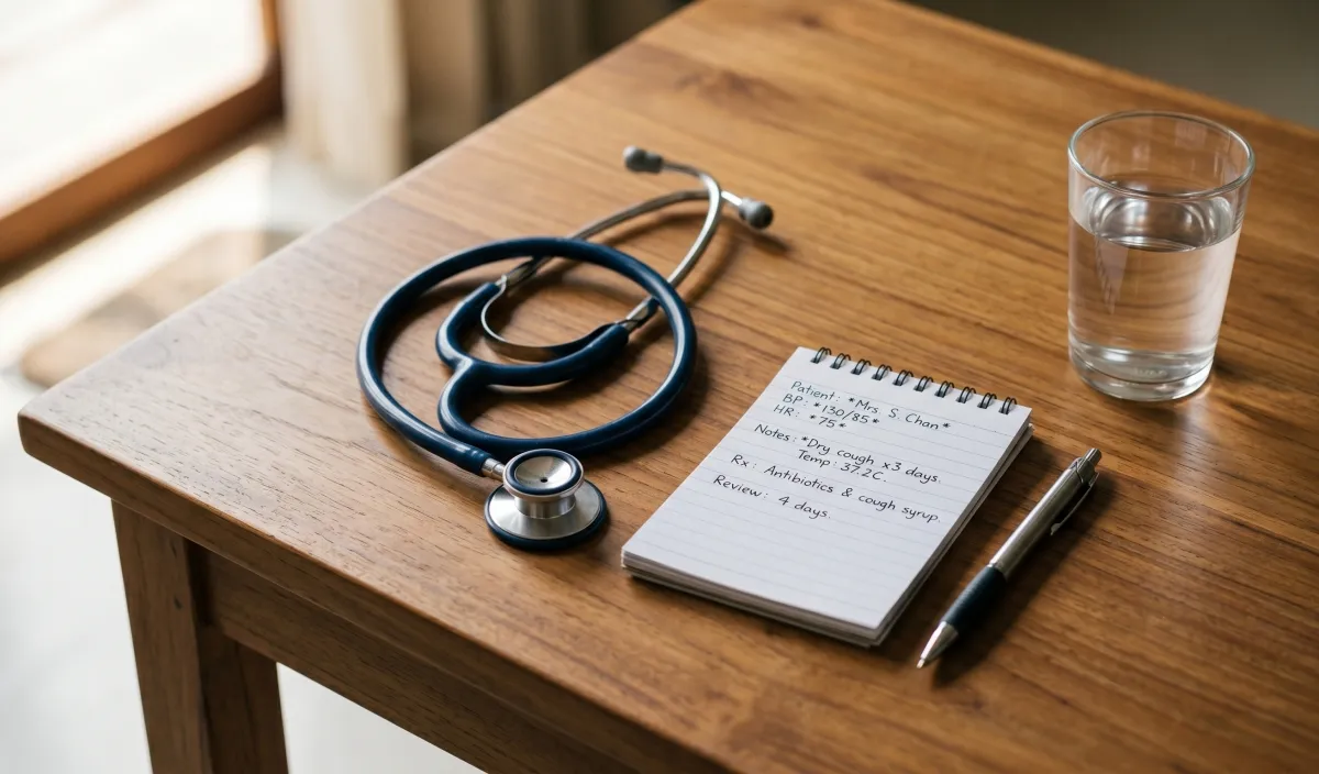 A stethoscope and notepad on a wooden desk, warm natural light