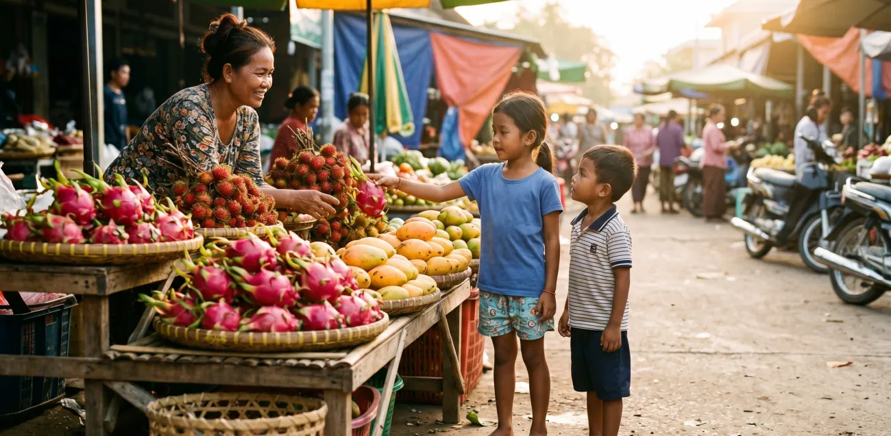 Two children at a Cambodian market looking at a fruit stall, one pointing, a vendor smiling at them, candid morning light