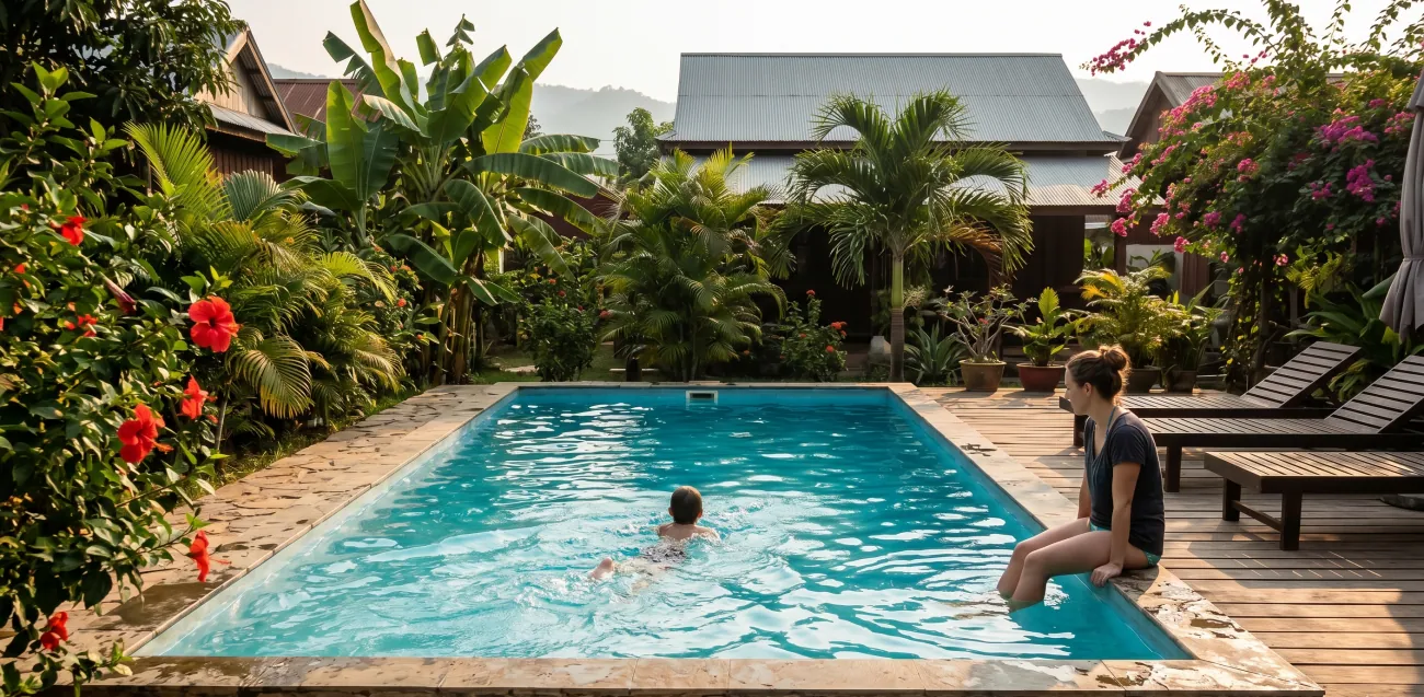 A small guesthouse pool in Cambodia, a child swimming toward the edge, a parent sitting with feet in the water, tropical garden surrounding the pool
