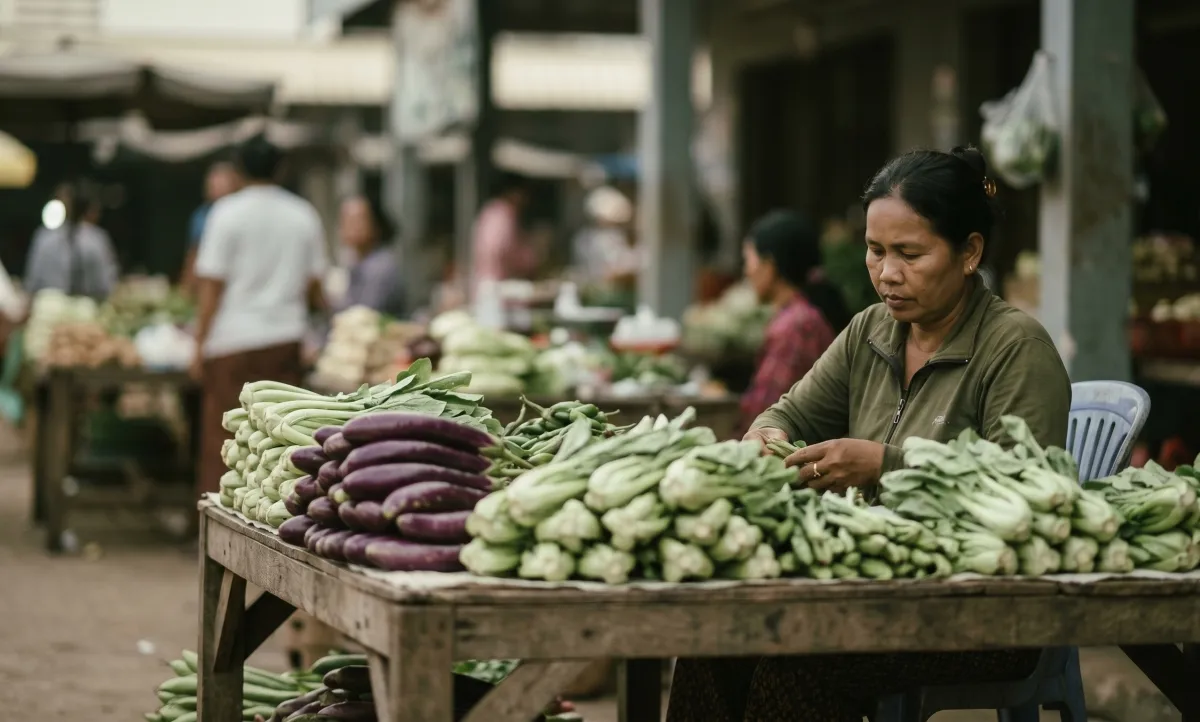 A vendor at Kampot's morning market with stacked vegetables