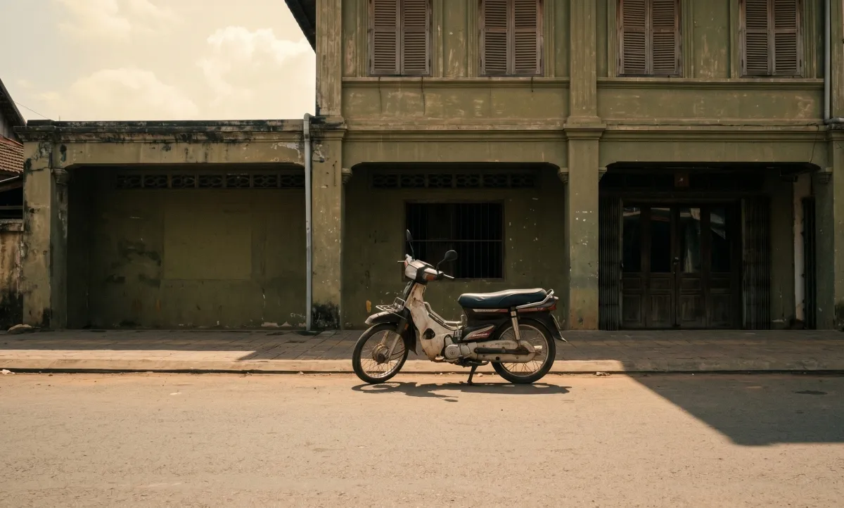 A scooter parked outside a Kampot shophouse, midday