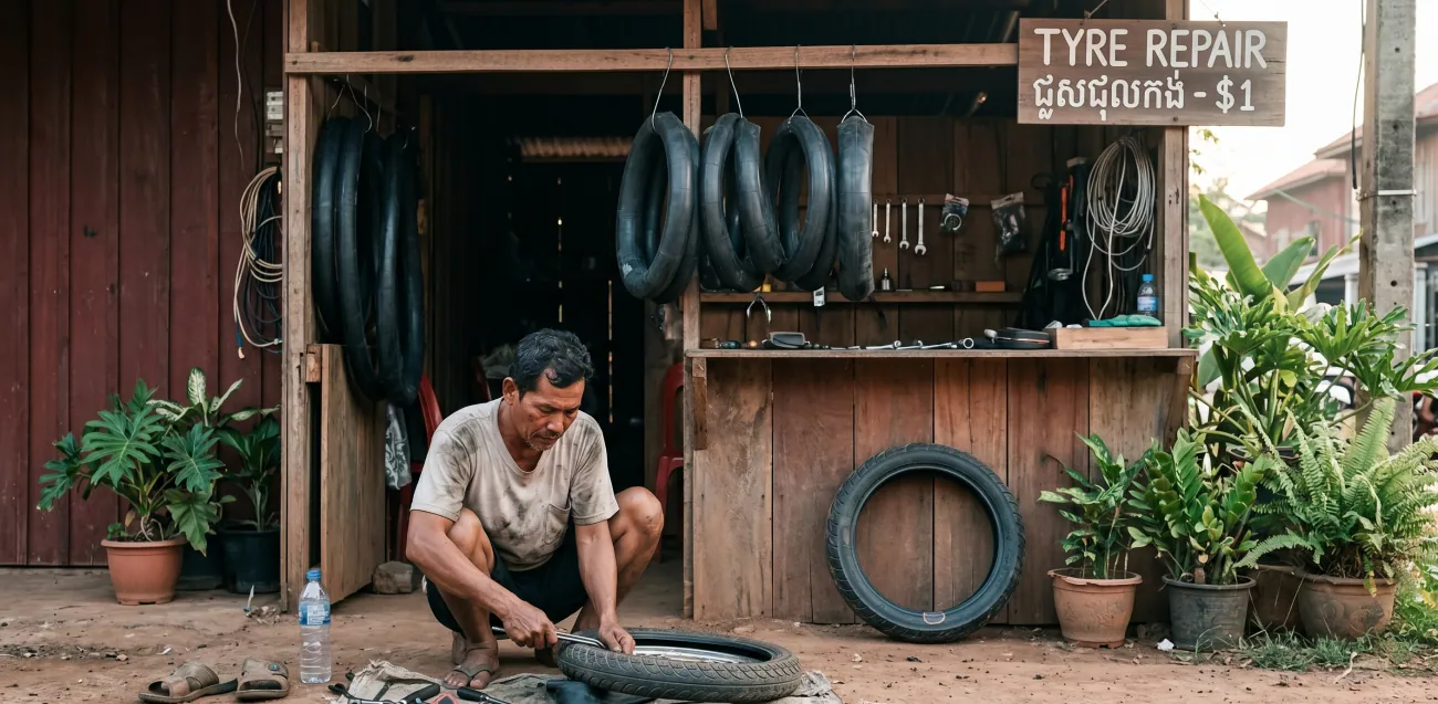 A Cambodian roadside tyre repair stall - a man crouching working on a scooter tyre, tools on a cloth beside him, spare inner tubes hanging behind