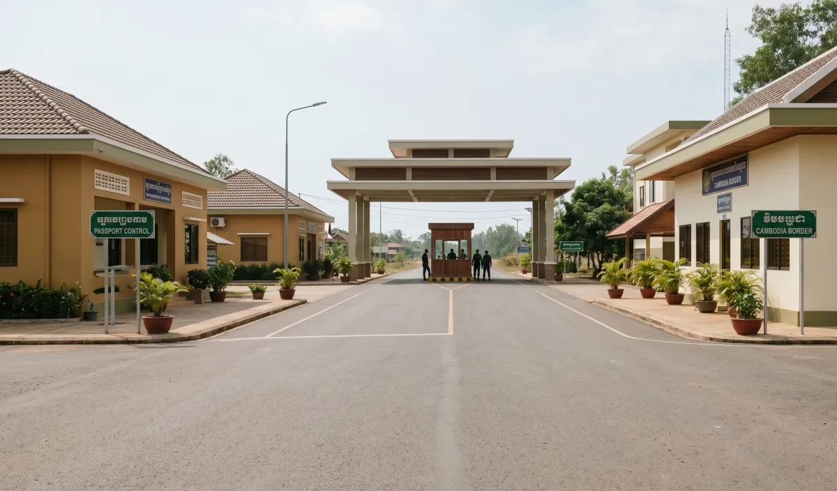 A quiet Cambodian border crossing point, mid-morning