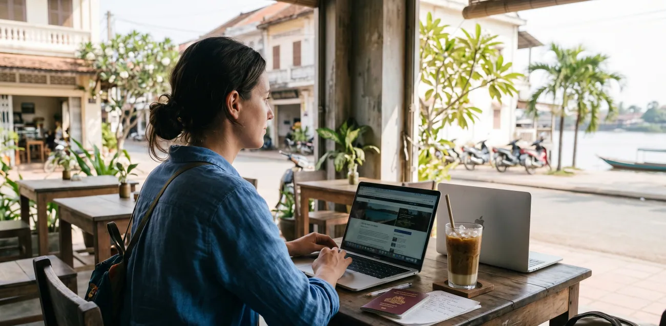 A person at a wooden café table in a Cambodian town, seen from behind, laptop open, iced coffee alongside, passport and papers on the table, a quiet street visible through the open wall