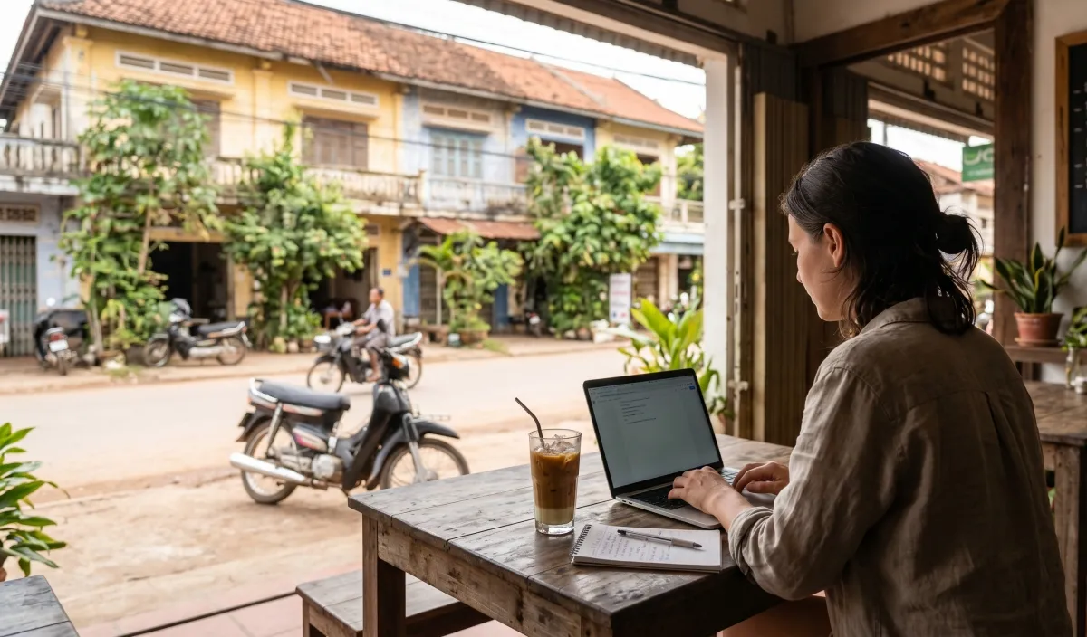 A person with a laptop and iced coffee in a Cambodian café, seen from behind, a quiet street visible through the open wall
