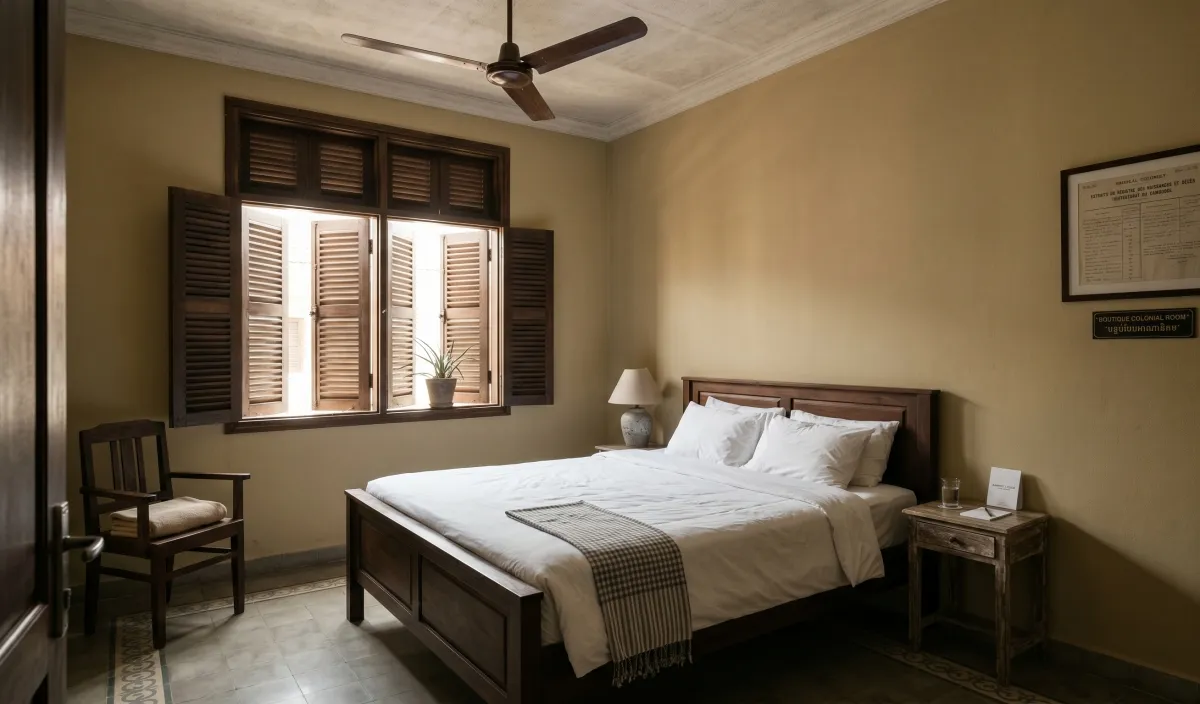 A boutique hotel room in a converted French colonial building - high ceiling, louvred shutters, white linen
