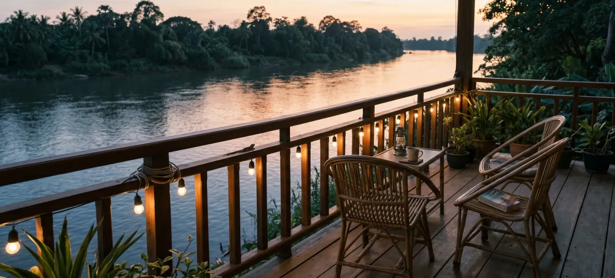 A guesthouse terrace in Kampot overlooking the river at dusk - rattan chairs, a book left on one seat, warm bulb lights
